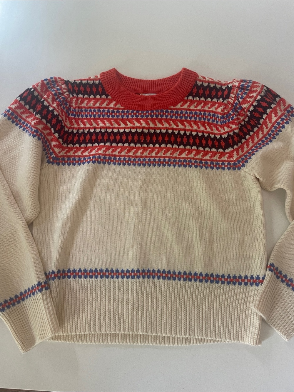 Hunter Bell Jackie Fair Isle Wool Blend Crewneck Sweater Cream Puff Shoulder XS - Picture 7 of 13